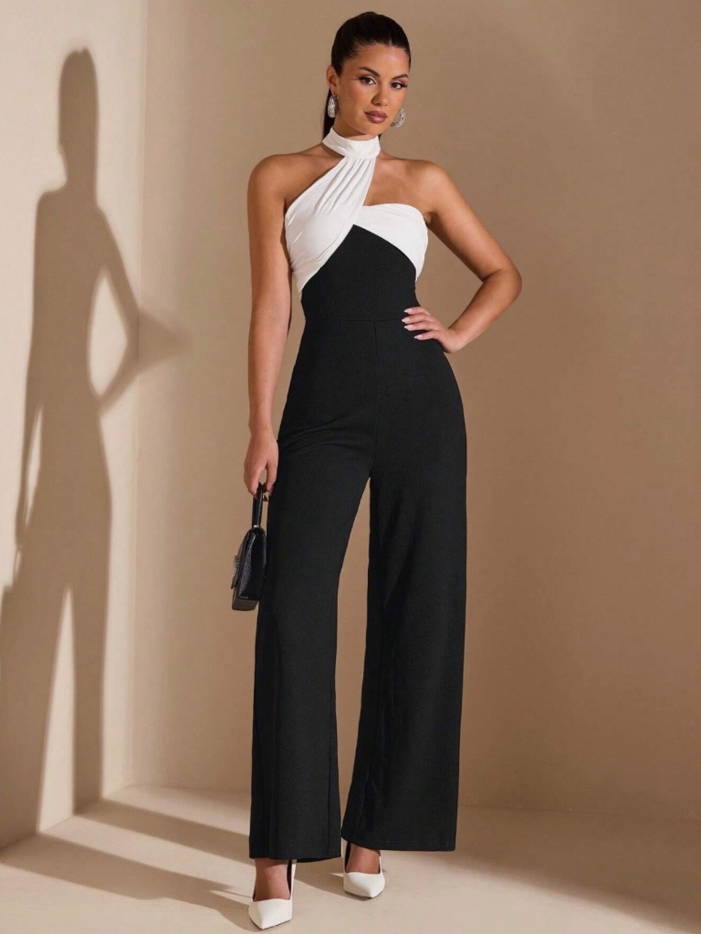 Asymmetrical White Halter Black Elegant Jumpsuit Zipper Closure